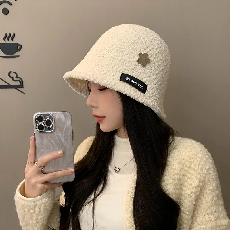 Autumn Winter Hat  Metal Label Plush Fisherman Cap Warm Face Small Bucket Women Outdoor Sports M513