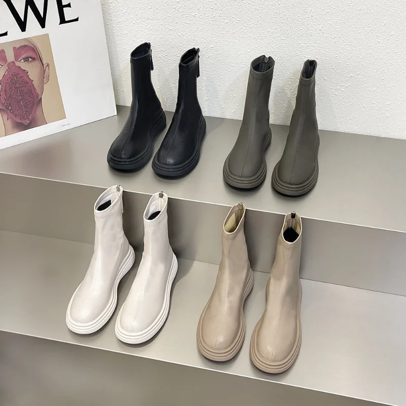 Short Boots Women 2023 Spring New Thick Bottom Zipper Boots Women Solid Simple Temperament Thin Boot Women Fashion Chelsea Boots