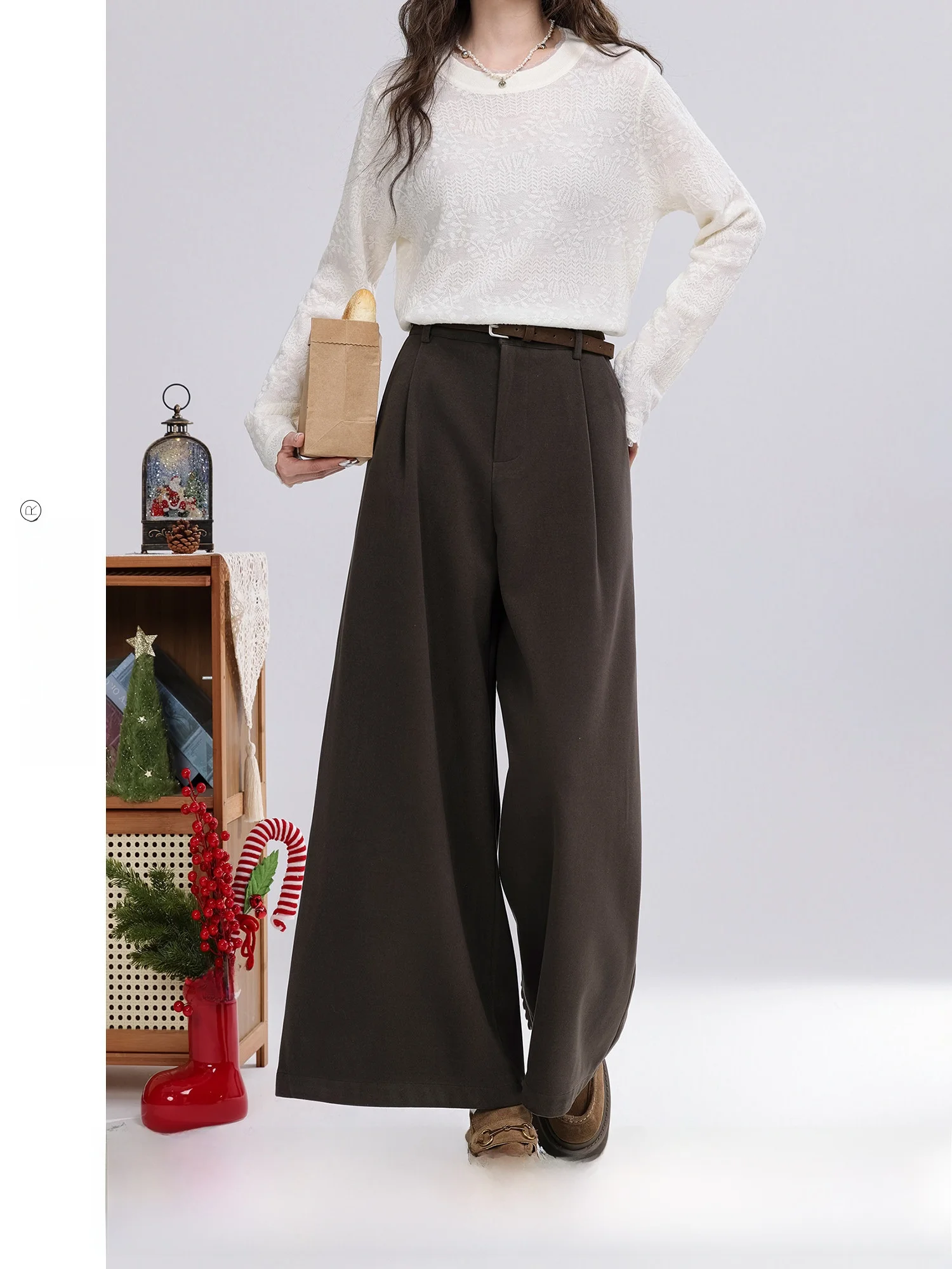 

Simple Wide Leg Woolen Casual Pants for Women High Waist Deep Coffee Long Pants Winter New Arrival Vintage Sle Straight Leg