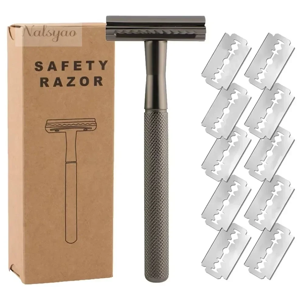 Double Edge Safety Razor for Men Women, Metal Razor with 10 Platinum Coated Blades, Eco-Friendly Wet Shaving Kit