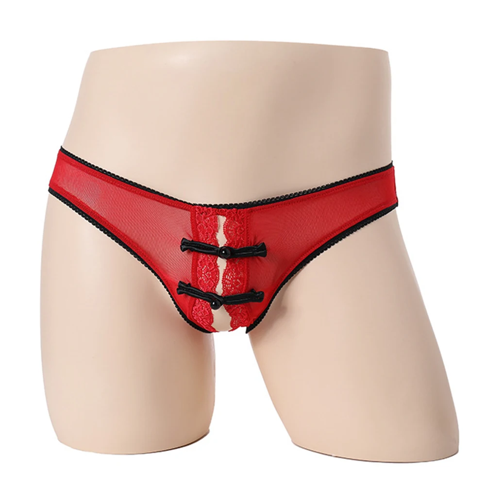 String taille basse en maille pour hommes, sous-vêtements sexy, culotte string, lingerie ouverte, culotte en dentelle, caleçon ultra-mince, culotte transparente