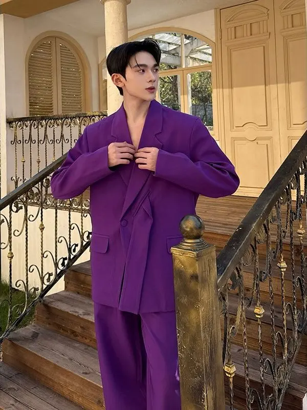 

Повседневный фиолетовый костюм для мужчин, свободный роскошный комплект из двух предметов для пар и отдыха, молодежный модный плоский воротник с одной пуговицей