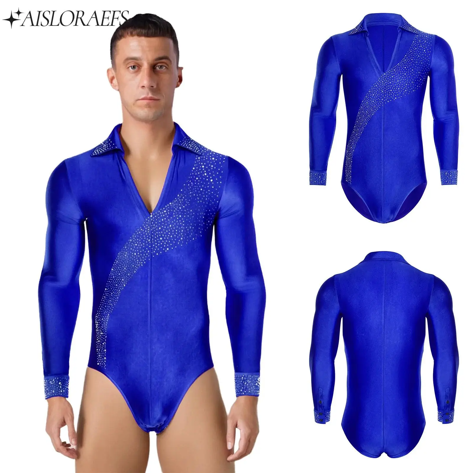 

Sparkling Rhinestones Latin Dance Jumpsuit for Men Long Sleeve Dance Bodysuit Modern Latin Dancewear Figure Ice Skating Clothes