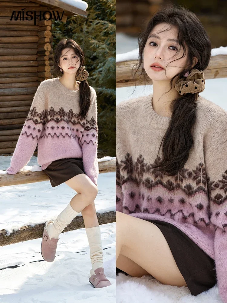 MISHOW Wool Yarn Brocade Sweater Fair Island Pattern Design O-Neck Color Clash Pullover Thick Warm Knitted Tops MXD57Z1089