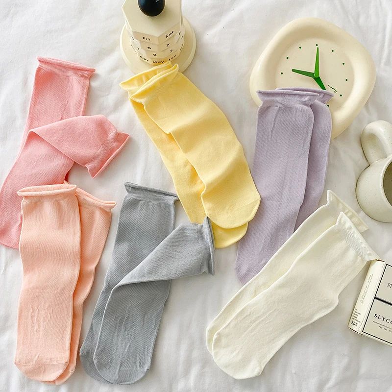 Women Socks Japanese Korean Style Spring Summer Candy Color Pile up Socks Female Casual Plain Cotton Breathable Crew Socks Girls