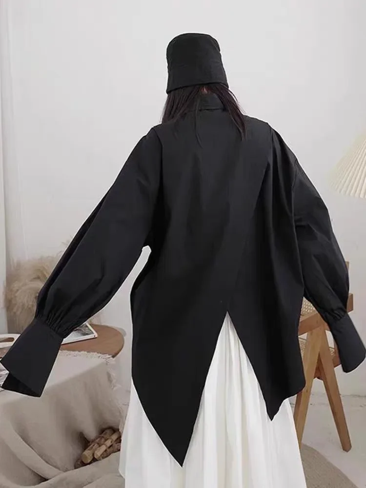 

Модная черная асимметричная женская блузка с отложным воротником, свободного кроя, с диагональной планкой, длинными рукавами, весенняя новинка, женские топы