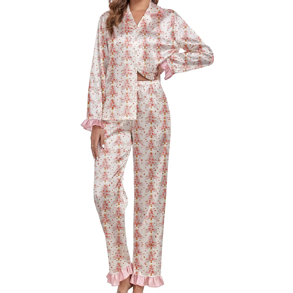 المرأة عيد الميلاد بيجامة من الساتان مجموعة Y2K سانتا الجرافيك الكشكشة زر أسفل كم طويل بلايز السراويل عيد الميلاد المتسكعون ملابس خاصة