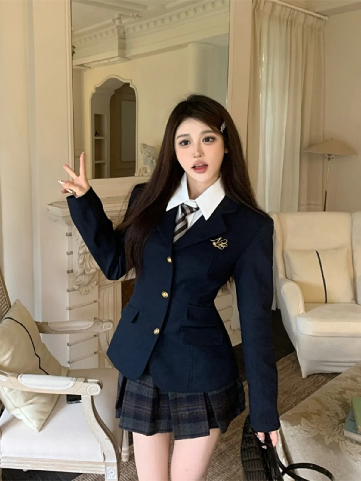 

Комплект костюма для похудения, женская плиссированная юбка трапециевидной формы, комплект из двух предметов для колледжа, с застежкой на талии, весенняя верхняя одежда Faion, JK orm