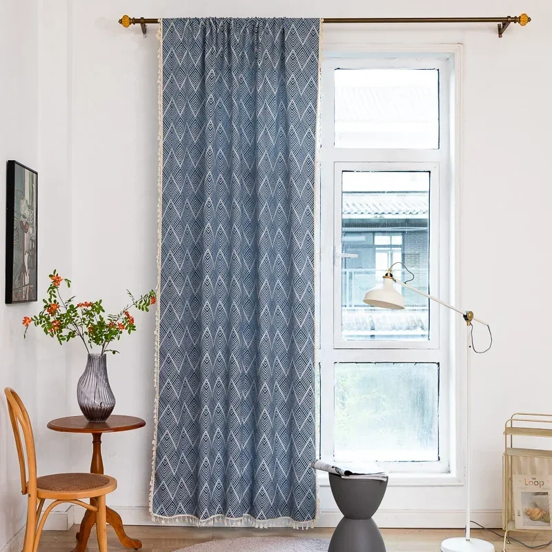 Nordic Style Colorful Stripe Tufted Sheer Curtain,Rod Pocket Pom Pom Curtain for Living Room and Bedroom,Home Decoration