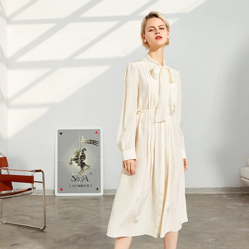 2024 New Spring Summer 19MM 100% Mulberry Silk Dress Women Long Sleeve Mid-length Fashion Waist Ribbon skirt