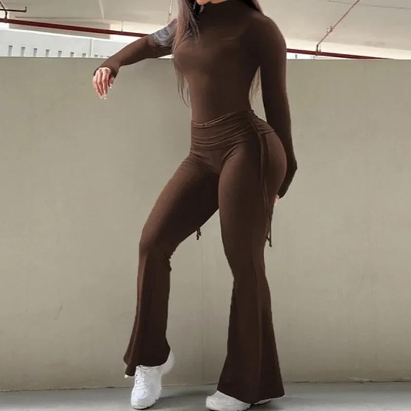 2024 Autumn Women Solid 2 Piece Set Tracksuits Turtleneck Long Sleeve T-shirt Top + Lapel Drawstring High Waist Flare Pants Suit