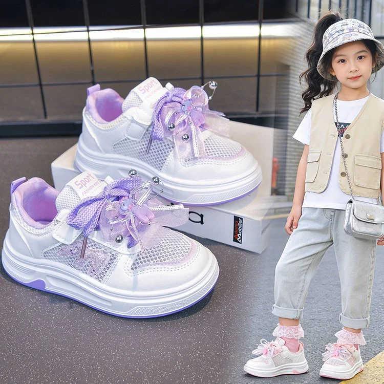 2026 Baby Hot Sale Spring/Autumn Fashion Breathable Thick Sole Bow Beaded Sport Shoes Soft Walking Sports Casual Kid Shoes