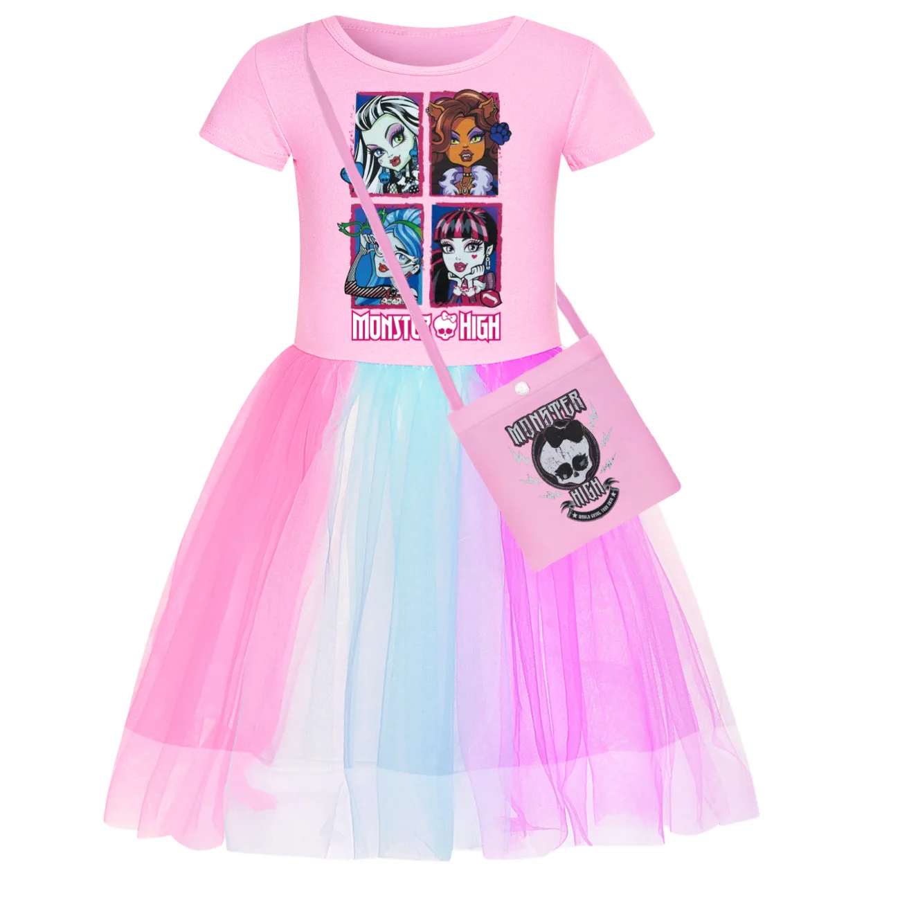 Funny Monster High Dress Kids 2024 Summer Vacation Clothes Baby Girls Short Sleeve Casual Dresses&bag Children Wedding Vestido