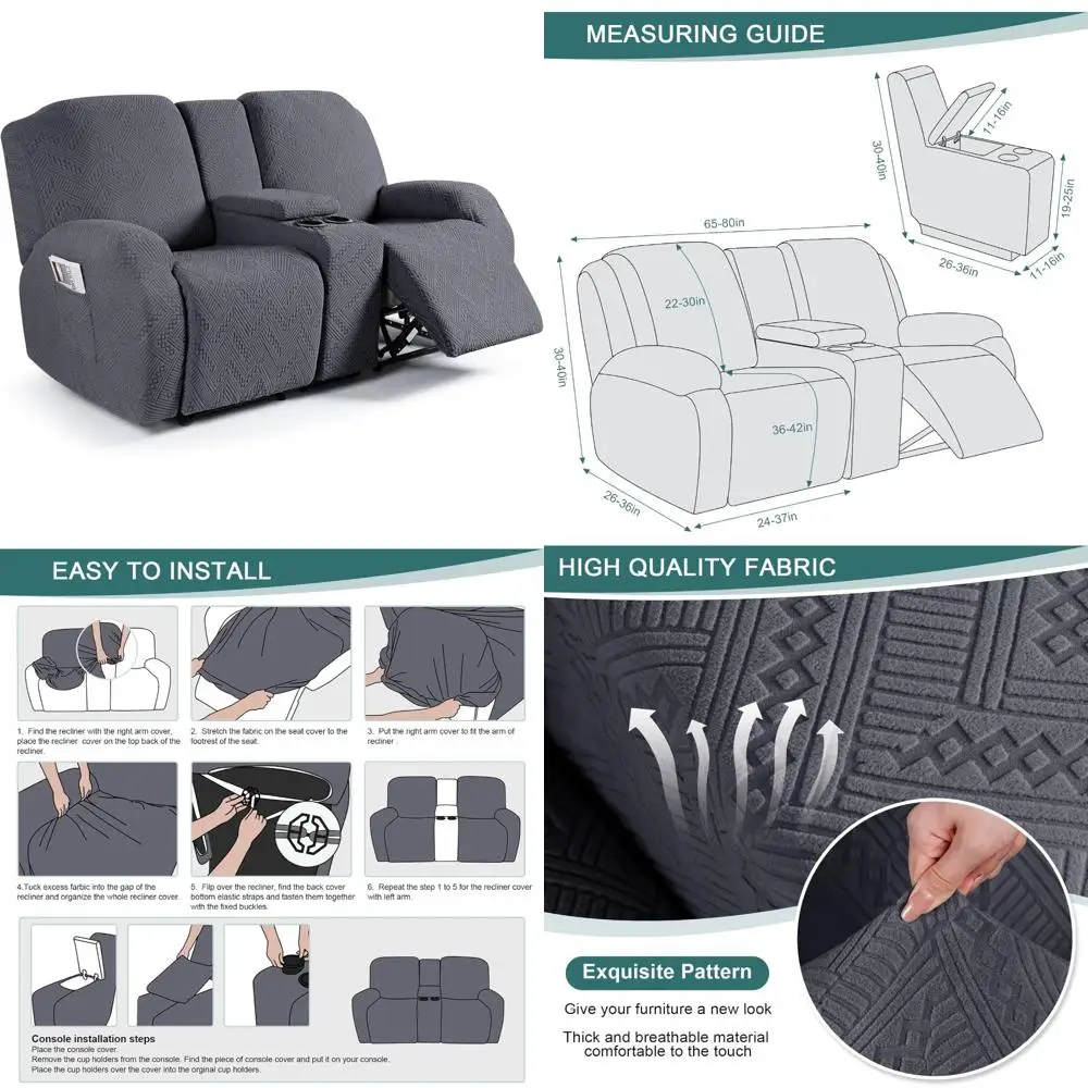 

Jacquard Loveseat Recliner Covers with Console, 4-Piece Reclining Couch Covers featuring Pockets for Enhanced Comfort and Style
