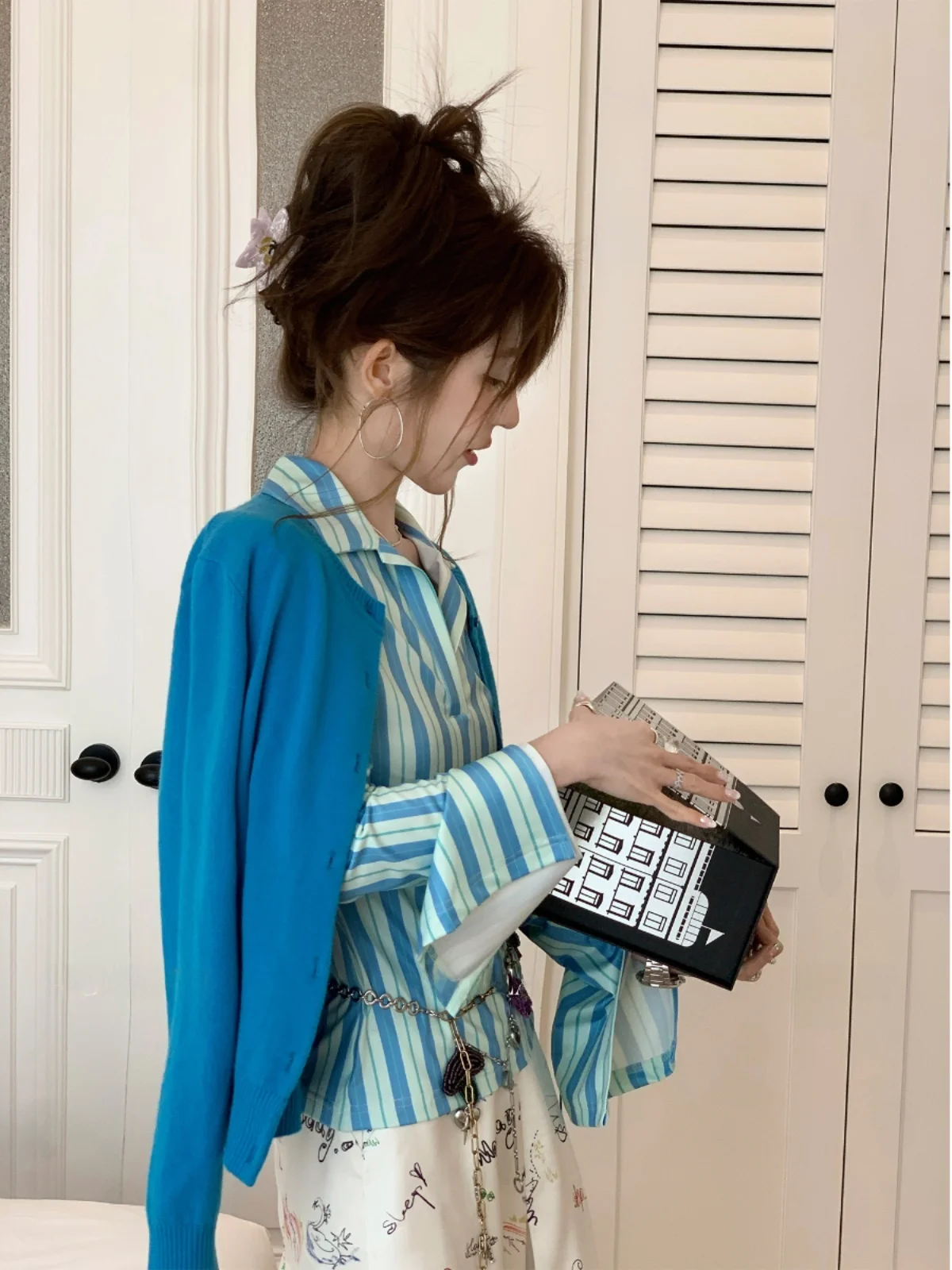 

Zoneelea Blue Moment Design 00% Wool Women's Knitted Cardigan Coat Casual Loose Fit Long Sve round Ne Stripe Pattern