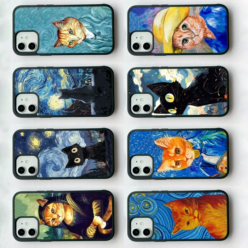 Retro Oil Painting Van-Gogh Cat Phone Case Silicone PC+TPU Case For iPhone 14 11 12 13 Pro Max 8 7 6 Plus X XR Hard Fundas