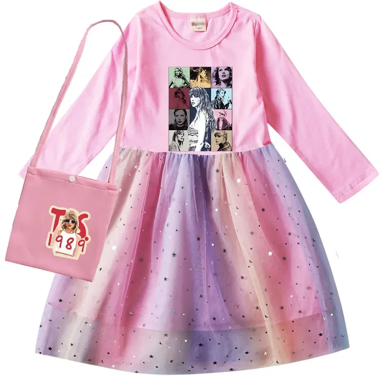 Kids clothes girls Taylor Swift dress long sleeve flower mesh princess dresses baby children birthday vestidos Halloween costume