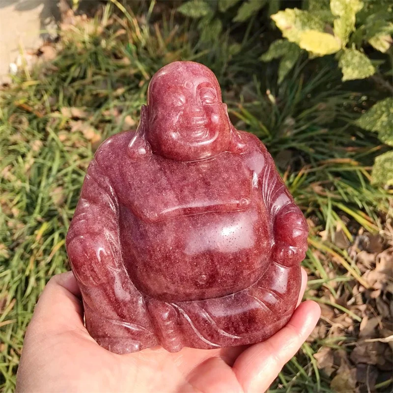 Natural Strawberry Quartz Carving Of Maitreya Buddha Statue Healing Crystal Fengshui Fashion Buddhism Home Decoration Gift 1pcs