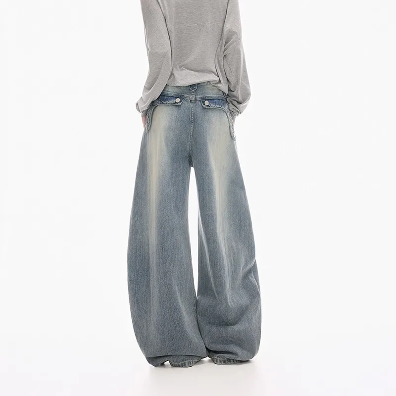 2025 Ropa Y2K Fashion Strap Patchwork Baggy Women's Stacked Jeans Pants For Woman Clothing Vintage Blue Casual Denim Trousers