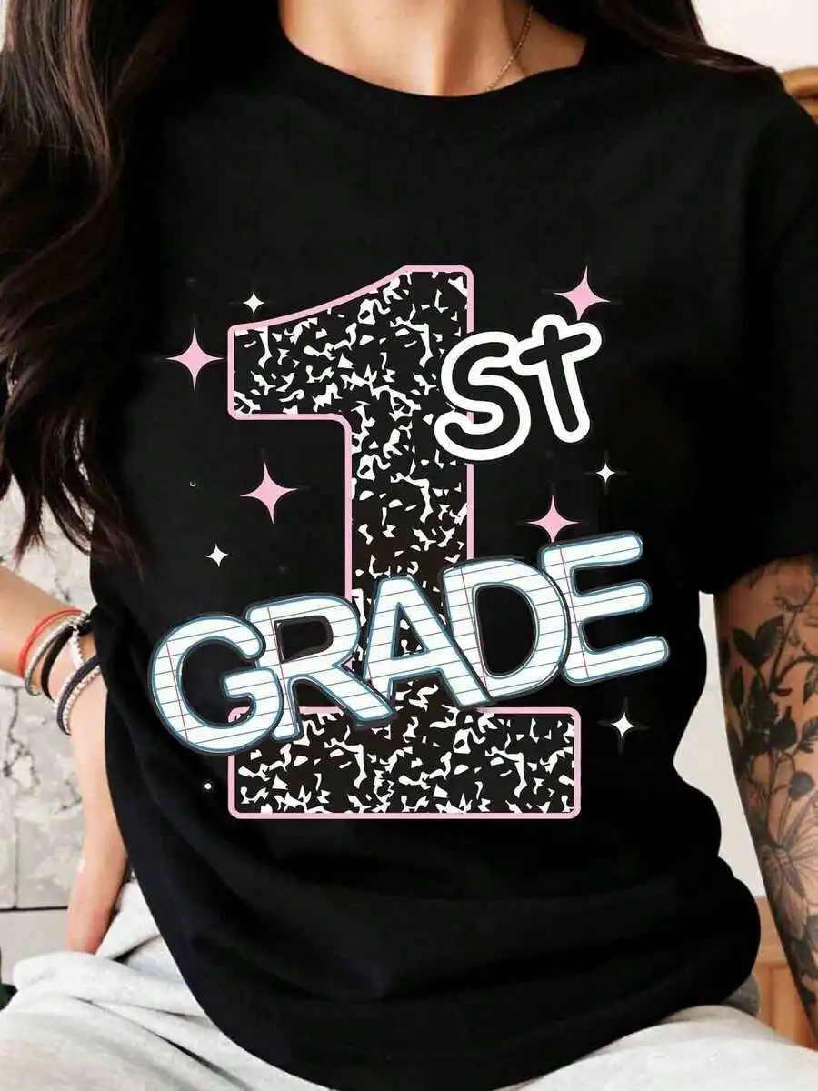 2026 New Fashion Women Crew Neck T-Shirt Back To School First Grade Teacher Theme Print Cute Graphic Tee For Teachers And Students Casual Tops Basic Top T-Shirt