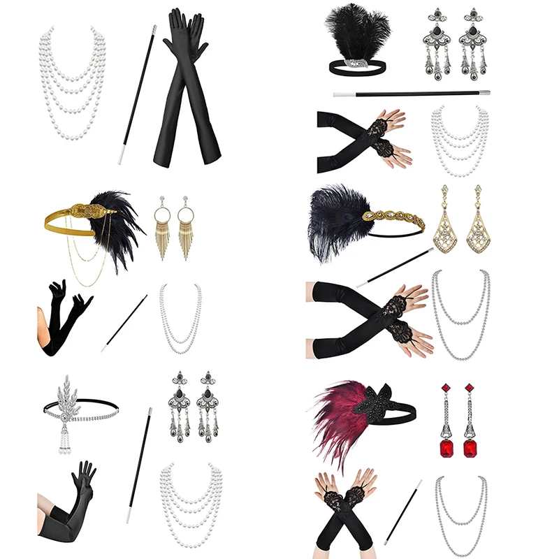 1920's Cosplay Flapper Halloween Kostuum Hoofdband Parelketting Lange Handschoen Maskerade Set Accessoires