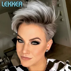 Lekker-Cinza Prata Curto Pixie Cut Bob Parte Lace Perucas de Cabelo Humano para Mulheres, Glueless, Cabelo Remy Brasileiro, Colorido, Desgaste para ir