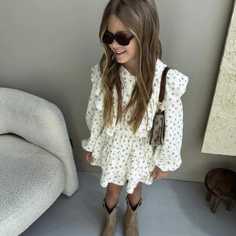 Two Piece Dress Girl 2024 New Autumn Floral Lace Shirt Cake Skirt Cute Sweet