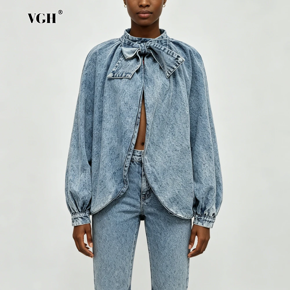 

Новая женская куртка VGH синего цвета, свободного кроя, с бантом, в корейском стиле, с воротником-стойкой, длинными рукавами, для повседневной носки, весенняя модная новинка