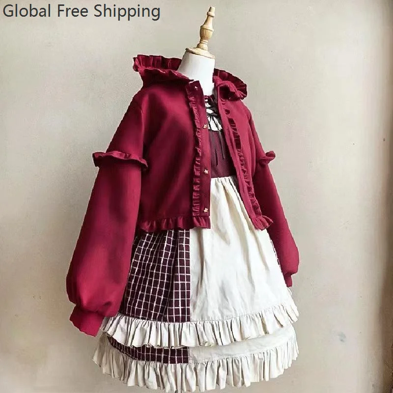 

Cute Girl Short Jacket Autumn Winter Plush Hooded Student Cosplay Lolita Sweet Ruffled Open-front Long Sleeve Sweatshirt Coat
