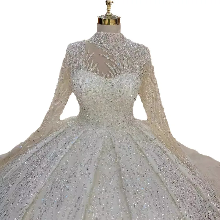 S0856R novo estilo vestido de casamento com contas bordadas pesadas renda elegante mangas compridas fofo princesa arrastando vestido de casamento