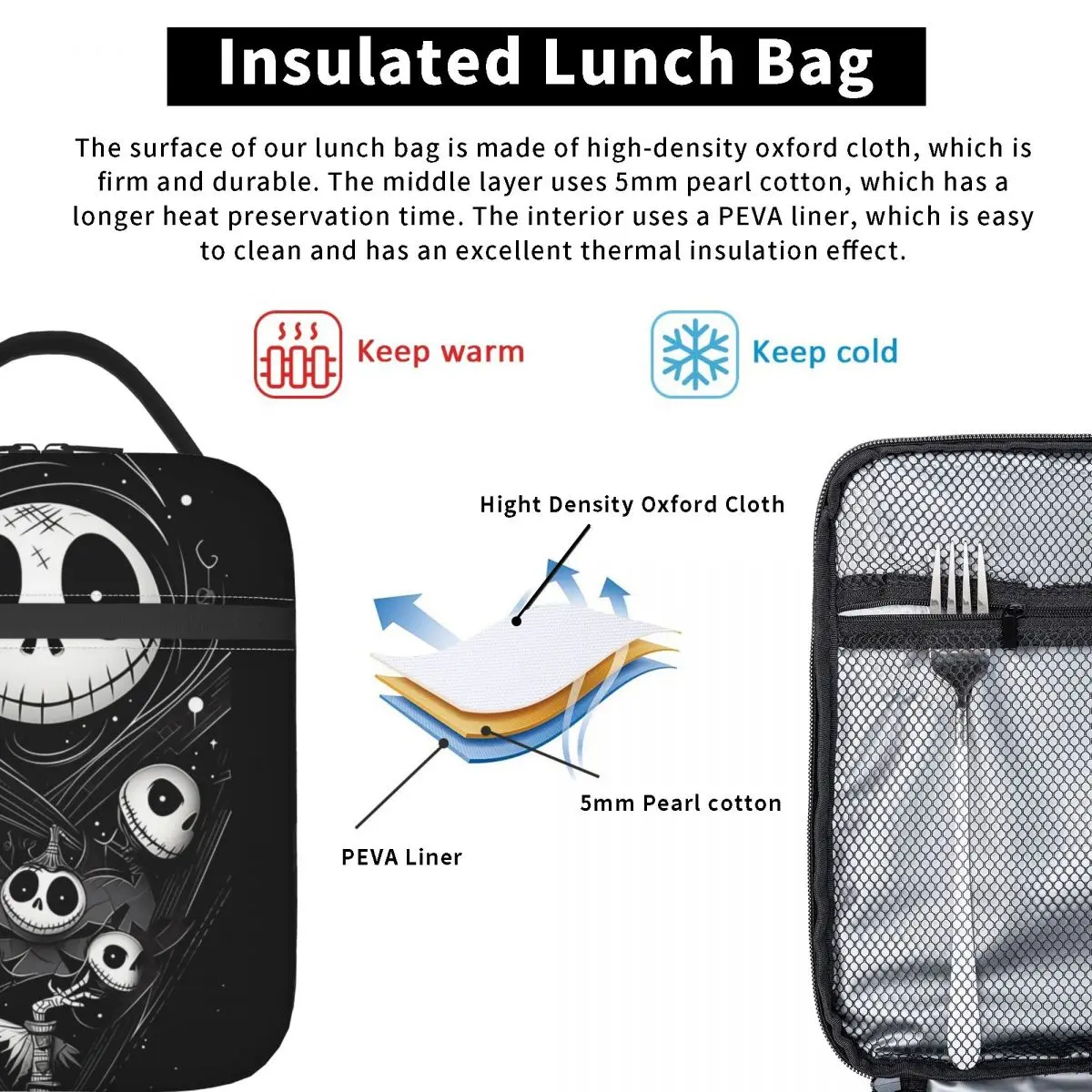 Custom Halloween The Nightmare Before Christmas Insulated Lunch Bag Picnic Jack Skellington Leakproof Cooler Thermal Bento Box