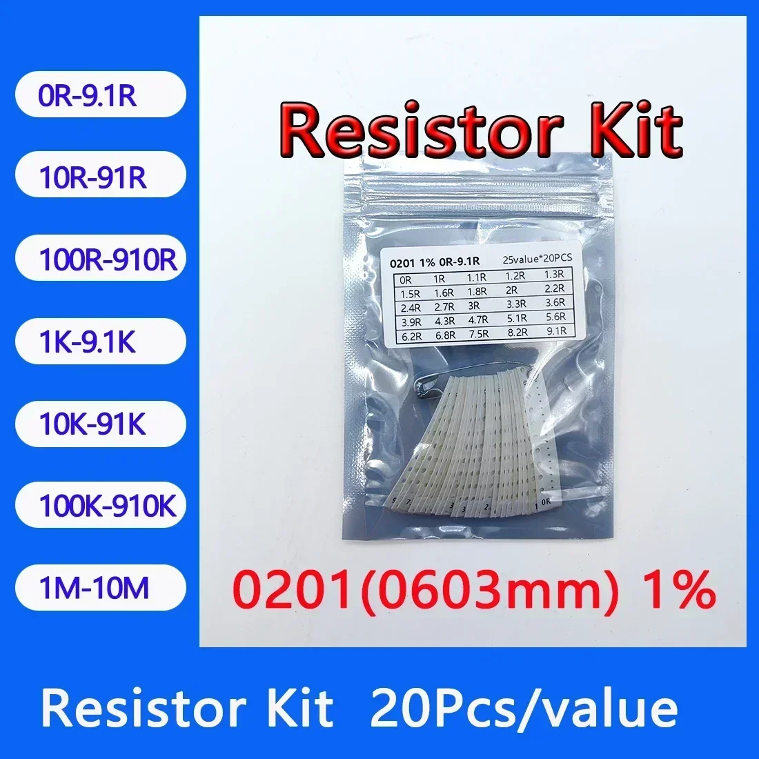 Resistor kit 0201 0603mm smd Resistor package 25values*20PCS=500PCS 1% Sample Kit Resisor