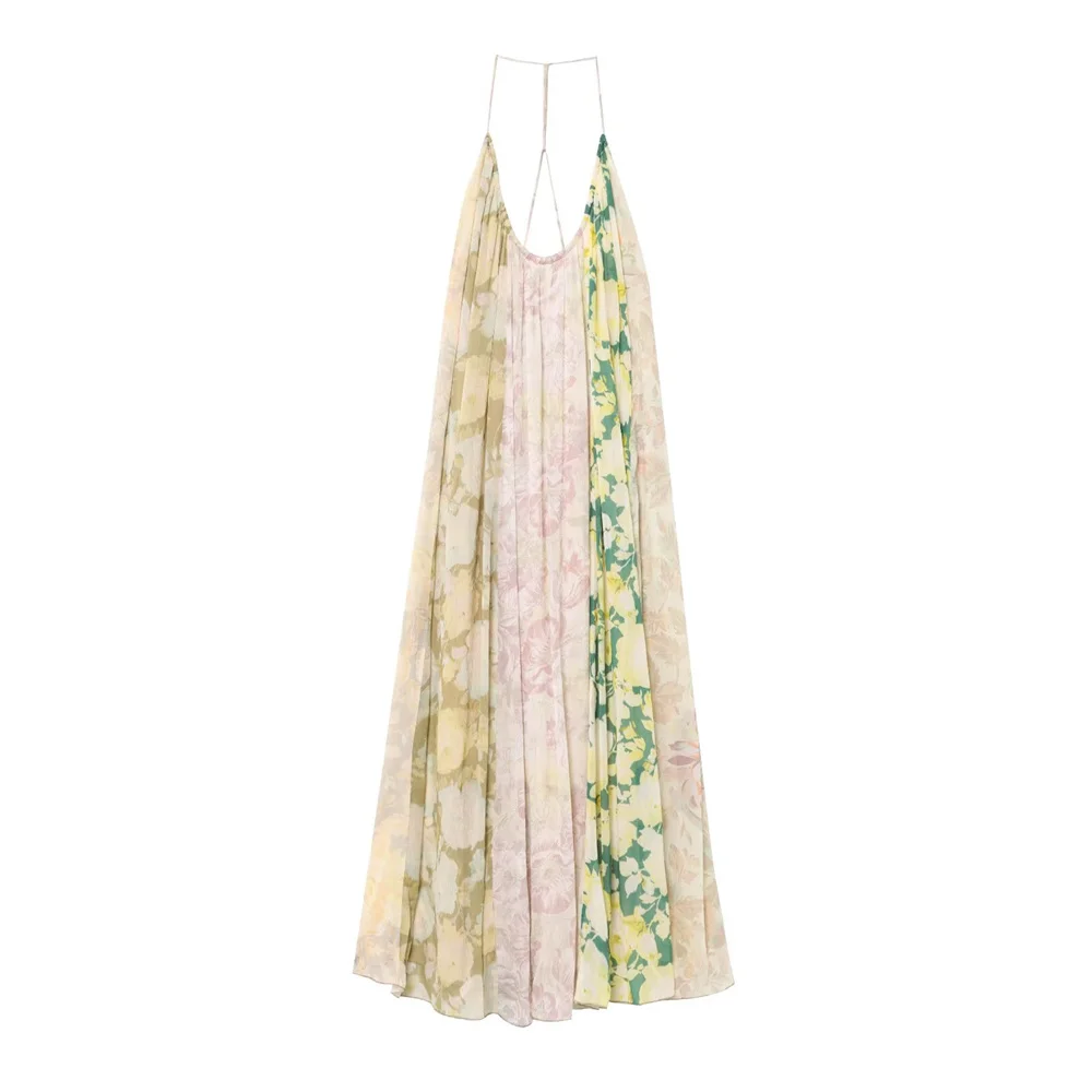 women's fashion backless flower print patchwork long dress with suspender, summer new sexy slim fit MIDI dress
