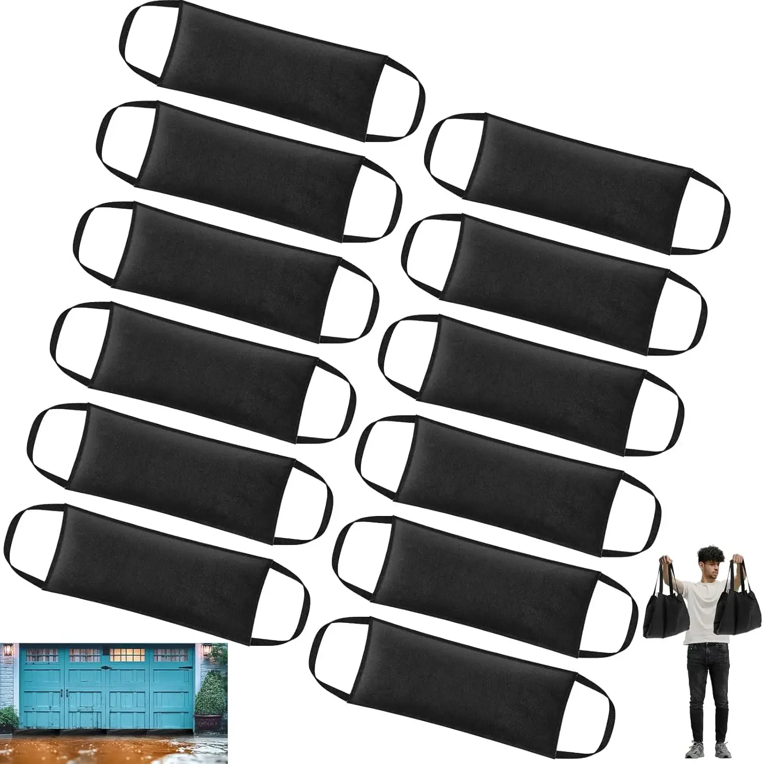 

12 Pack 1x2ft Flood Bags, Absorb 3 Gal/3 Min, Water-Activated, Reusable w/Handles for Door/Garage/Basement Protection