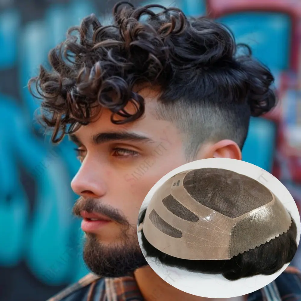 

20mm Curly Grey Black Brown Human Hair Mens Toupee Durable Bond Mono Lace Net Capillary Prosthesis System Male Natural Hairline