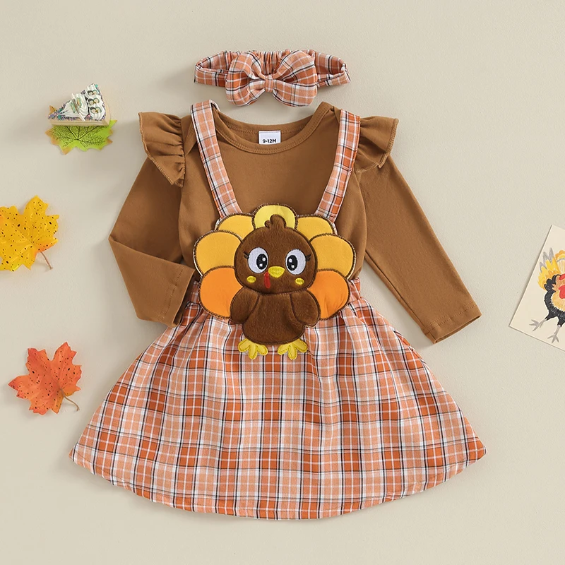 Baby Girl Skirt Outfits Thanksgiving Long Sleeve Romper and Suspender Plaid Skirt Set 2 Piece Autumn Clothes for Party