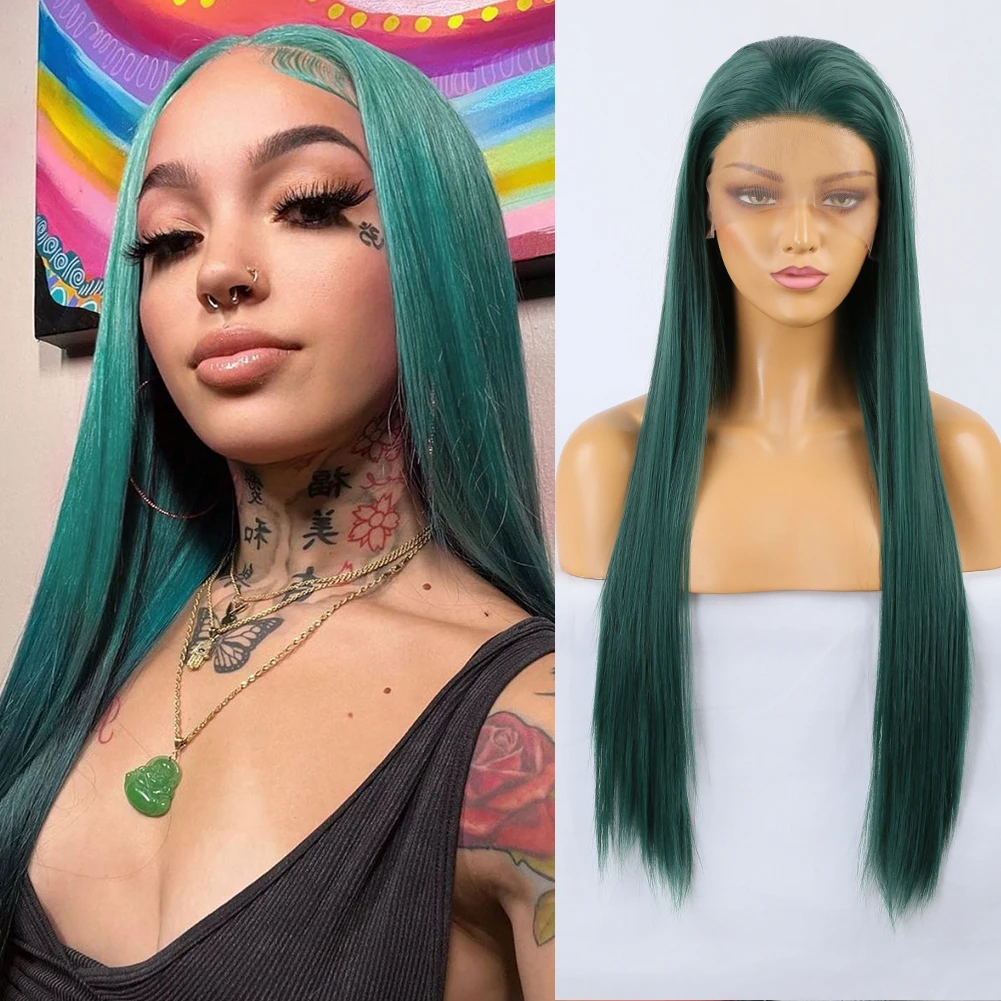 AIMEYA Synthetic Lace Wigs for Women Long Natural Hair Straight Wig Heat Resistant Lace Front Wig Dark Green Cosplay Lace Wigs