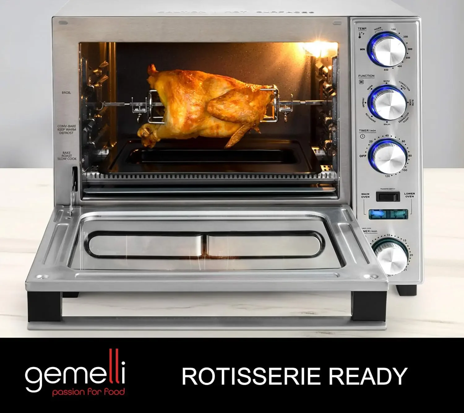 Grade Convection Oven with Built-In Rotisserie and Convenience/Pizza Drawer, Countertop Sized, Stainless Steel Finish