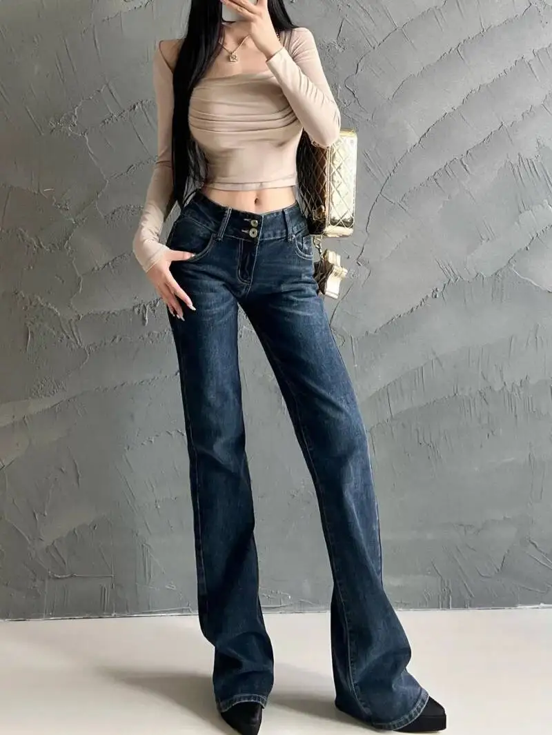 Spicy Girl's Low Waist Slightly Flared Pants Denim Pants Straight Leg Pants Fashion Women Jeans 2024 New Sweet Pants 3JO0