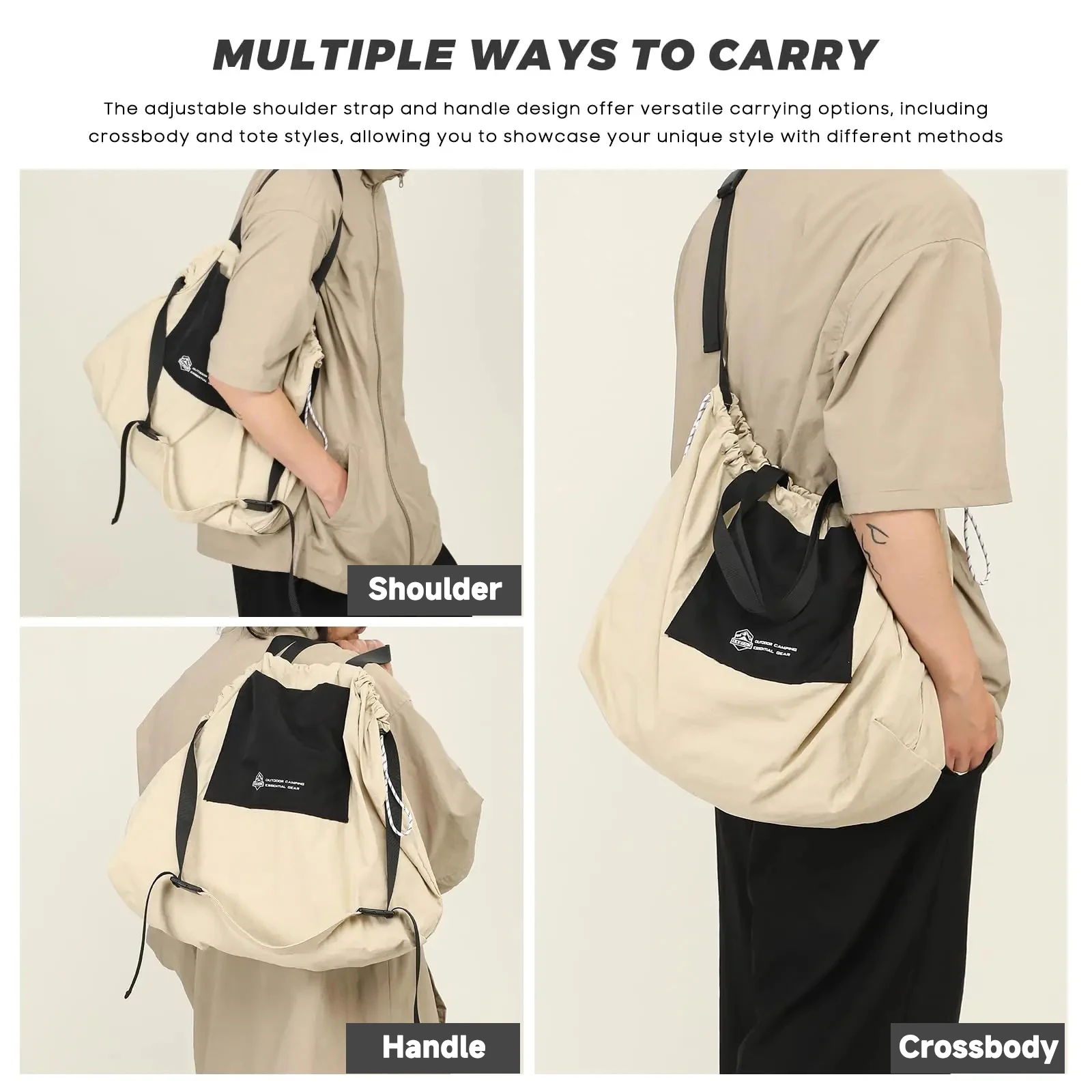 Foldable Drawstring Tote Bag Lightweight Large Capacity Shoulder Bag Waterproof Gym Yoga Sports Travel Handbag for Men Women
