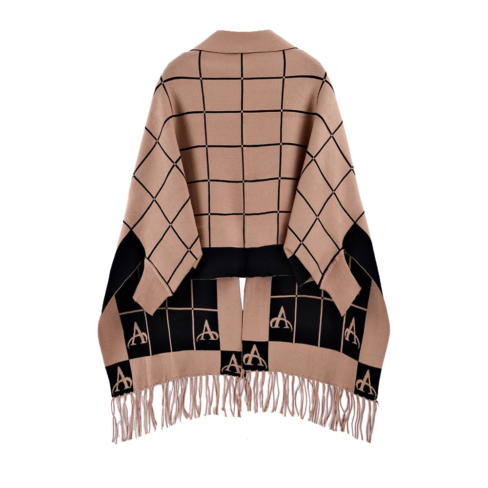 Europe Style Plaid Trendy Woolen Women\'s Plaid Cape Coat Open Front Blanket Shawls Wraps Sweater Poncho For Winter Cloak