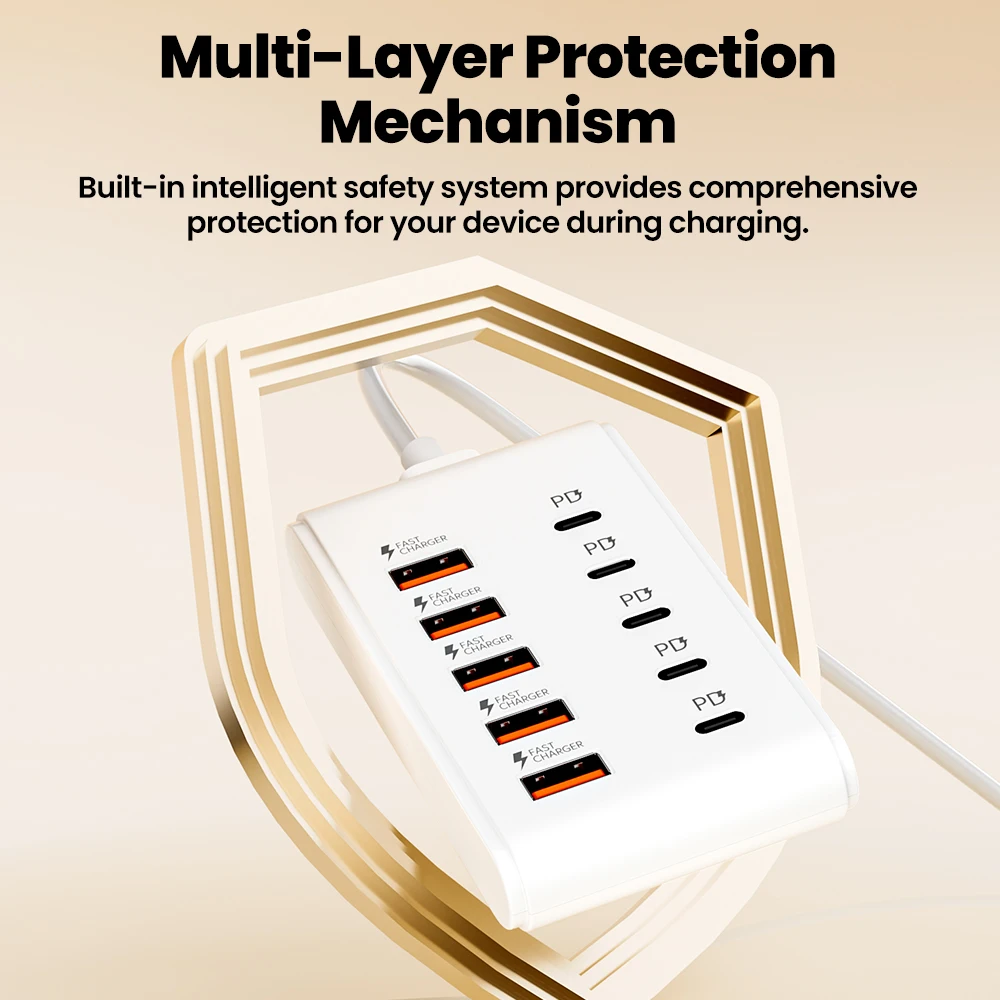Snelle USB-oplader 10 in 1 Stekkerdoos Desktop-laadstation Snel opladen 1 m snoer USB HUB-adapteraansluiting voor thuiskantoor