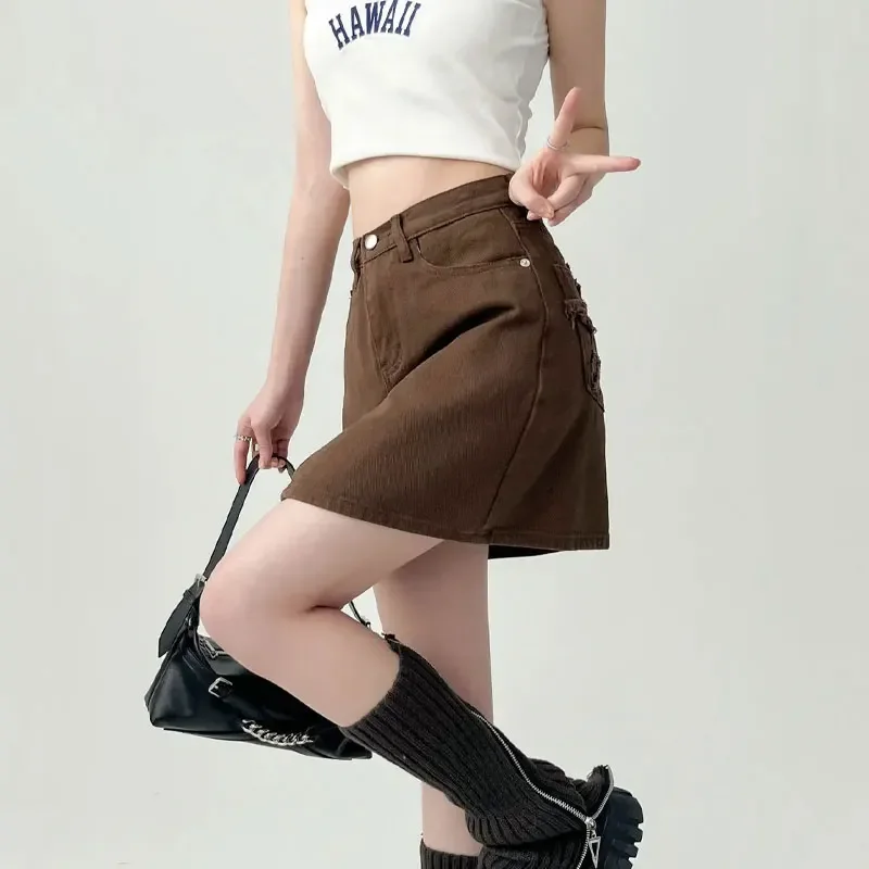 

Female Clothing Vintage Coffee Mini Skirts Fashion Star Embroidery Summer Bag American High Waist Button A-line Skirts