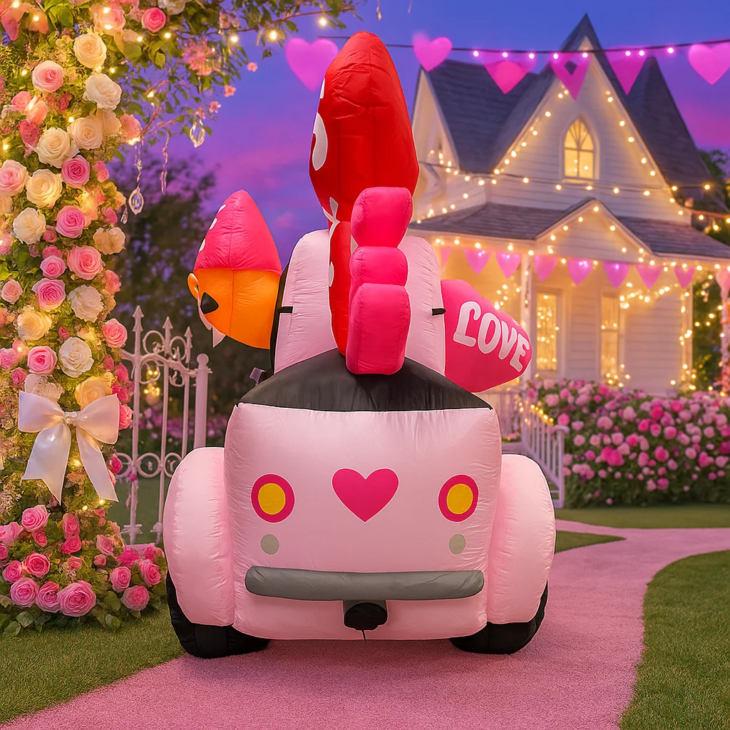 6FT Valentines Day Inflatable Pink Car Decoration Heart Pattern Kiss Me Balloon Romantic Love Themed Yard Garden Party Decor
