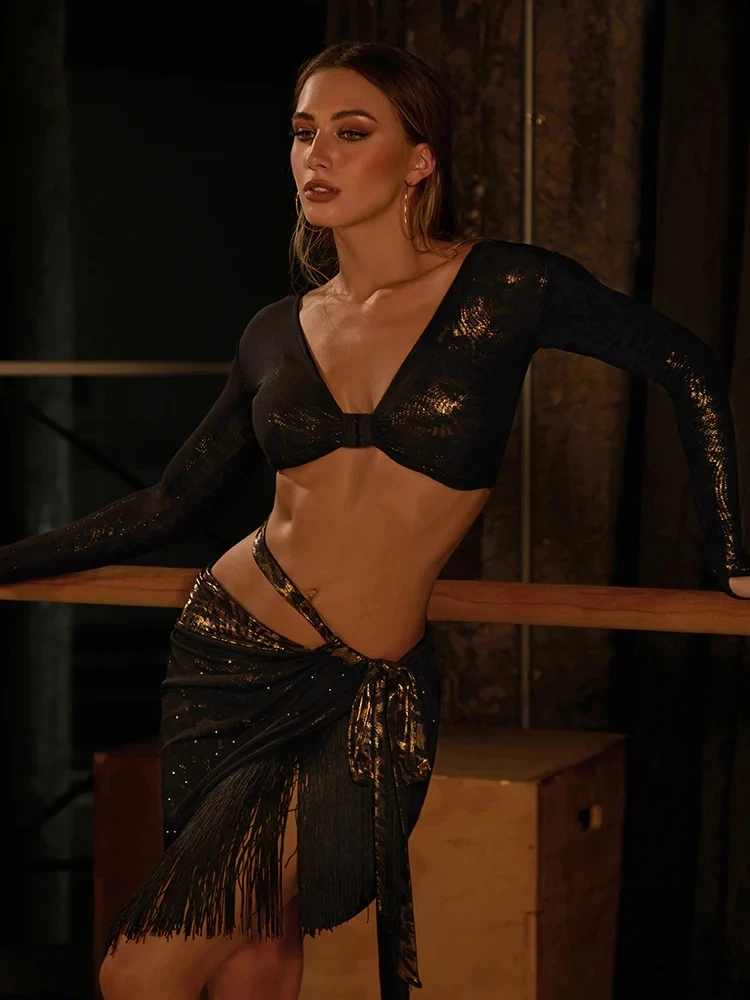 

ZYM Latin Dance Dress Leopard Foil and Diamond Mesh Auric Wrap Skirt #25091