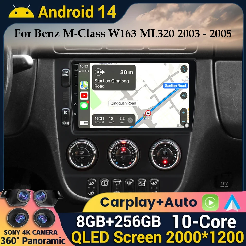 Android 14 Wireless Android Auto&Carplay For Mercedes Benz M-Class W163 ML 1997 - 2005 Multimedia Player Navigation GPS Stereo