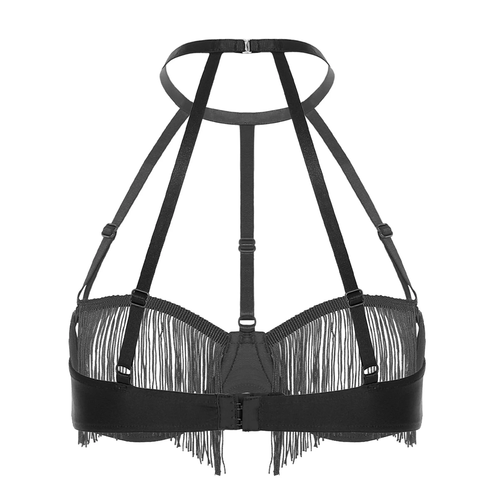 Womens Sexy Lingerie Tassel Hollow Out Cup Bra Push Up Underwire Balconette Nipples Bare Exposed Breast Bralette Fringe Cage Bra
