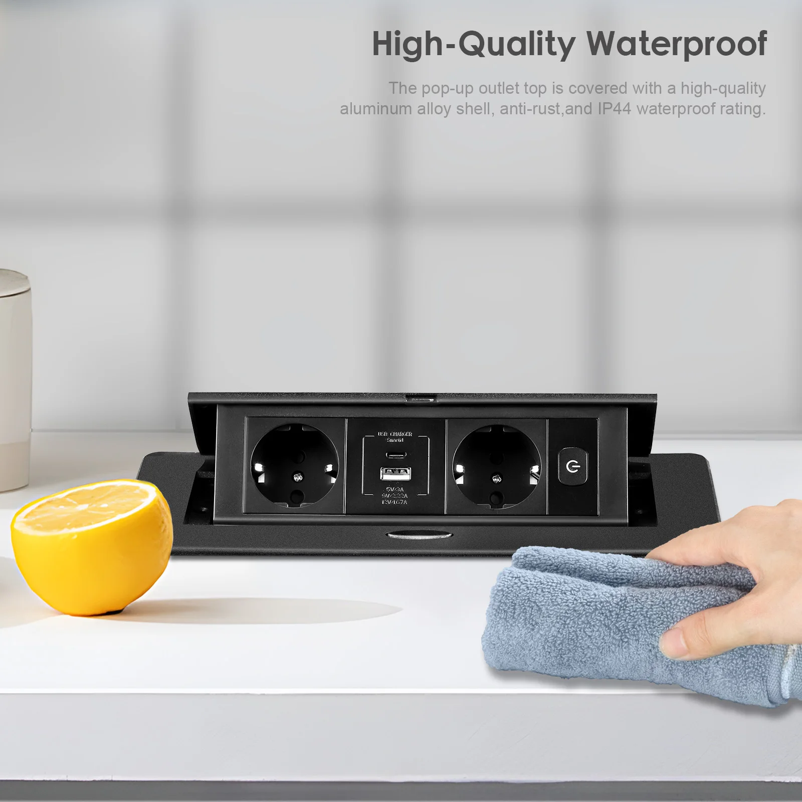 Imagen 3: Regleta empotrable retráctil con USB, torre multienchufe de escritorio negra, enchufe múltiple empotrado para cocina