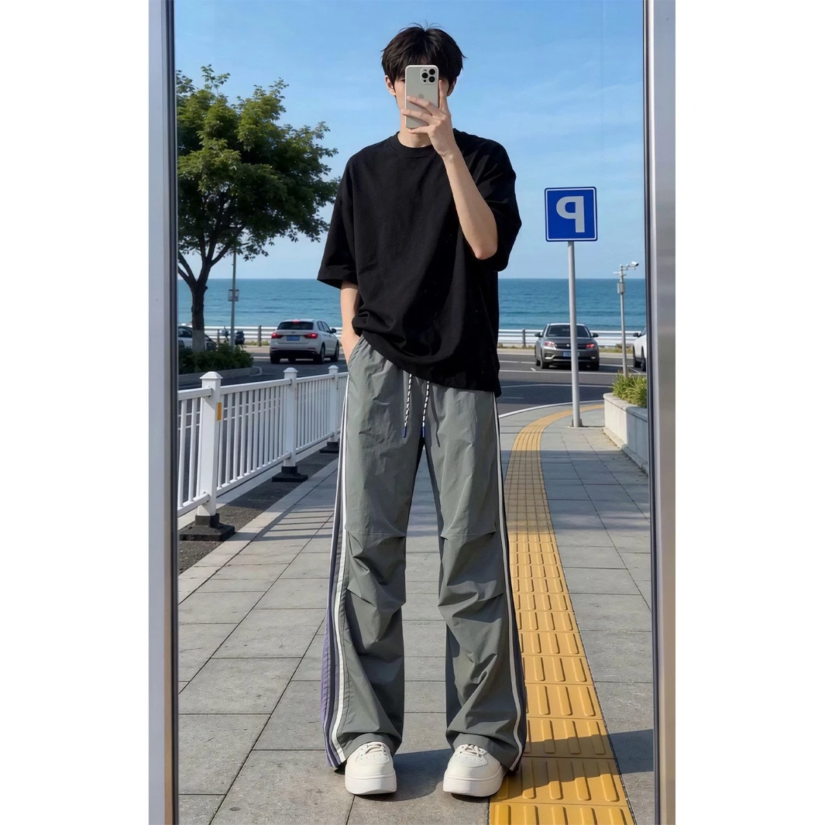 Rock Grey Stripe Summer Thin Foldable Quick Dry Paratrooper Workwear Pants Loose Straight Casual Long Trousers for Men