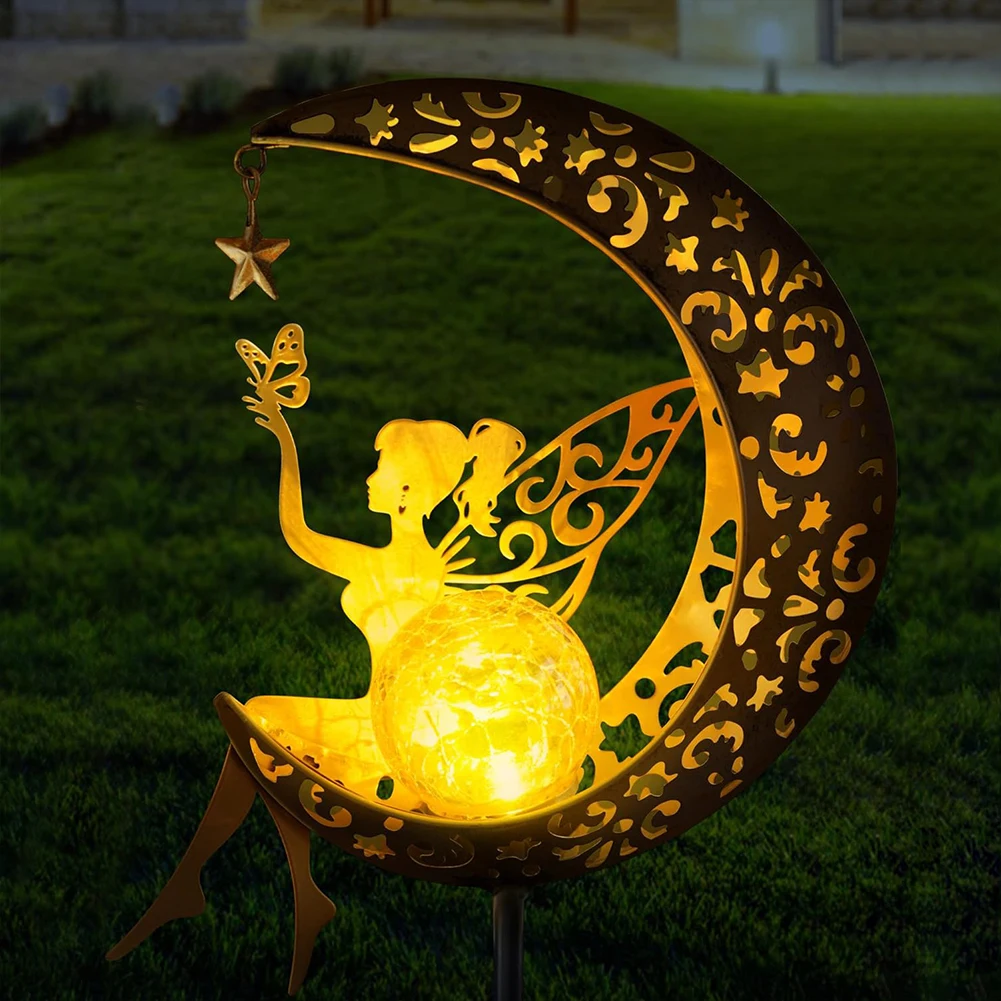 

Солнечный светильник-колышек для сада Moon & Fairy Garden, IP65 водонепроницаемый, со стеклянным шаром в форме луны и ангела, светодиодный светильник Moon Fairy из кракле-стекла